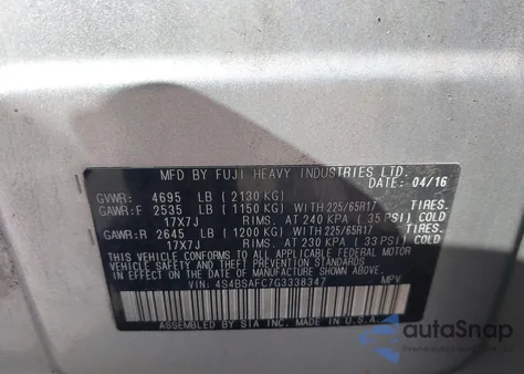 2016 Subaru Outback 2.5I Premium from USA, damaged, VIN 4S4BSAFC7G3338347